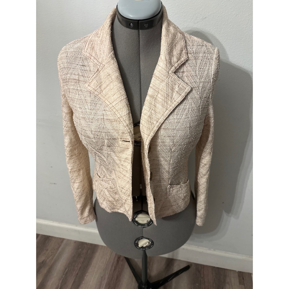 Vintage Kimberly Knit Blazer Cream Beige Textured Chevron Jacket Gold Buttons